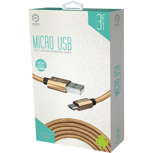 POM GEAR Micro-USB Type-B Male to USB Type-A Male Faux Leather Charging Cable (3', Tan)