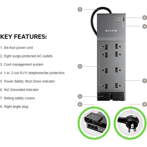 Belkin 8-Outlet Home and Office Surge Protector with Telephone Protection (Black, 6')