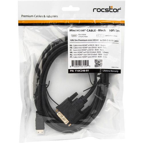 Rocstor Mini-HDMI Male to DVI-D Male Cable (10', Black)