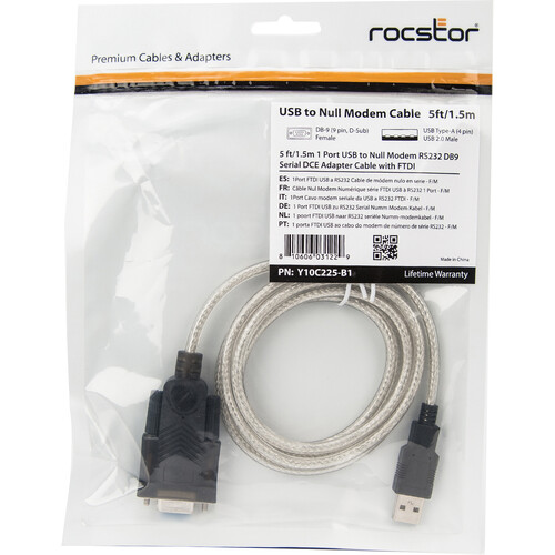 Rocstor USB 2.0 Type-A to RS-232 DB9 Serial Null Modem Adapter Cable (5')