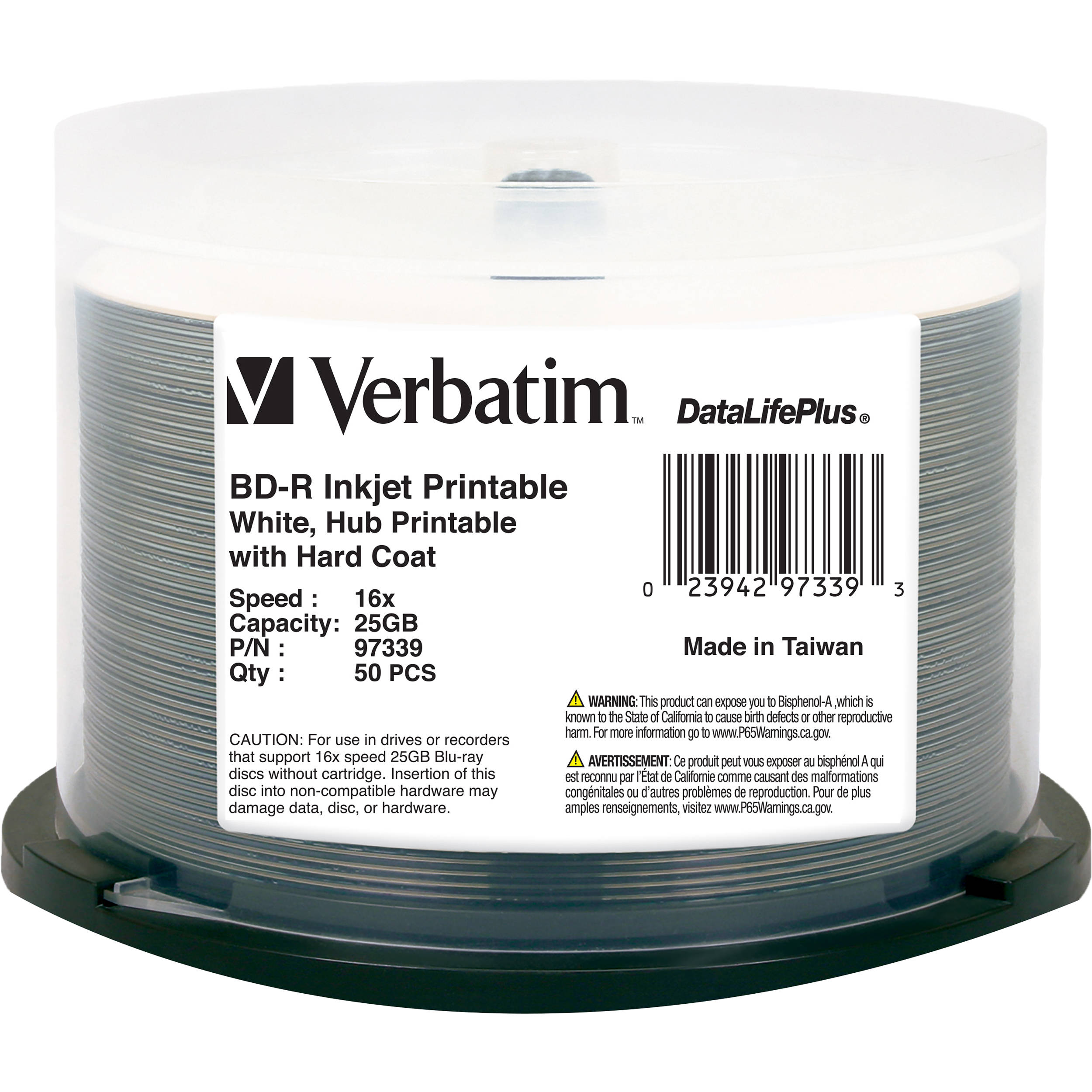 Verbatim BD-R Blu-ray 25GB 16x White Inkjet Hub Printable Discs (50-Pack Spindle)